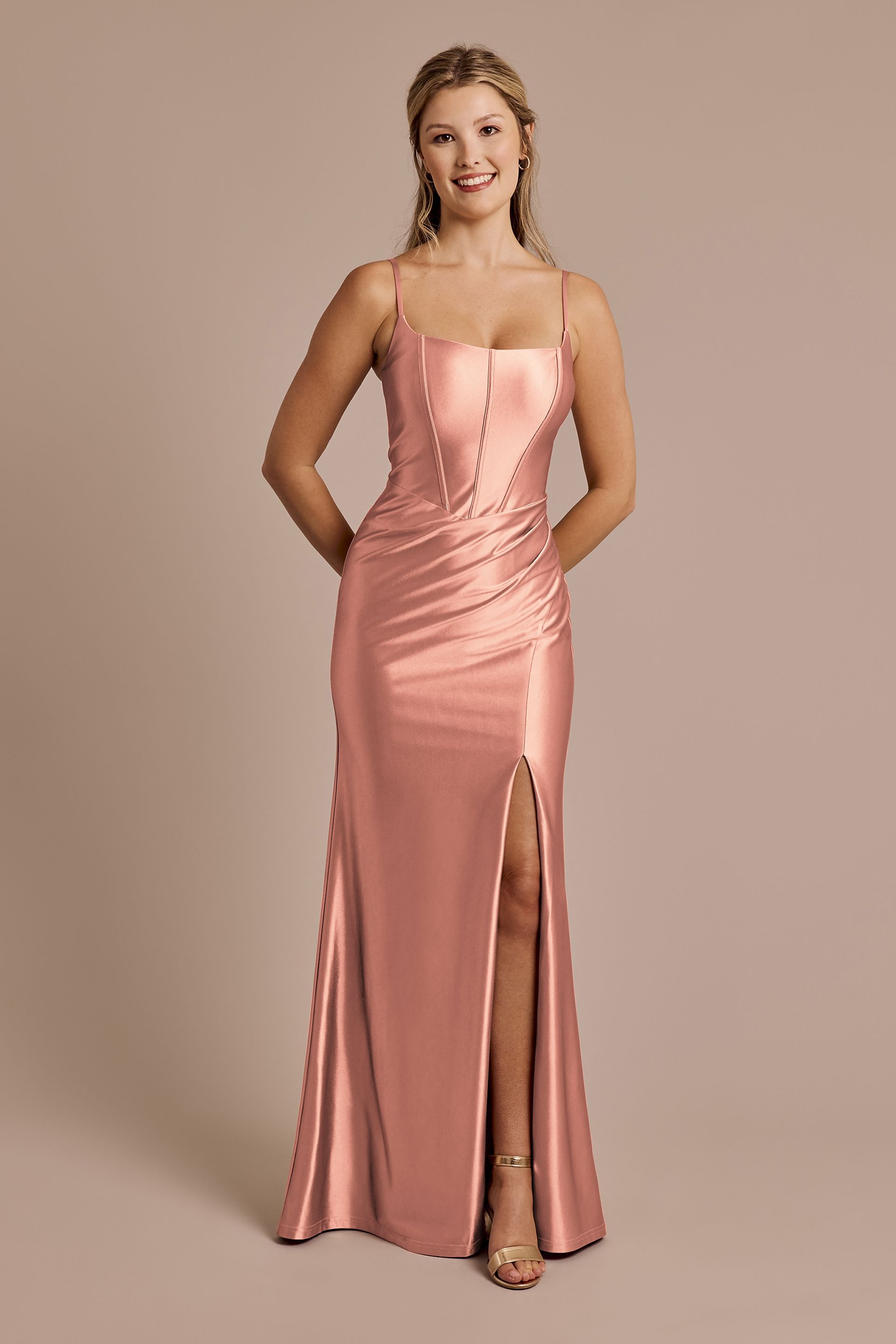 Square Neck Corset Sculpting Satin Dress | David's Bridal
